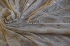 120 Grams Thread and Glitter Gold Sequins Grid pattern Embroidery on Dyeable Viscose Georgette Fabric 44inch